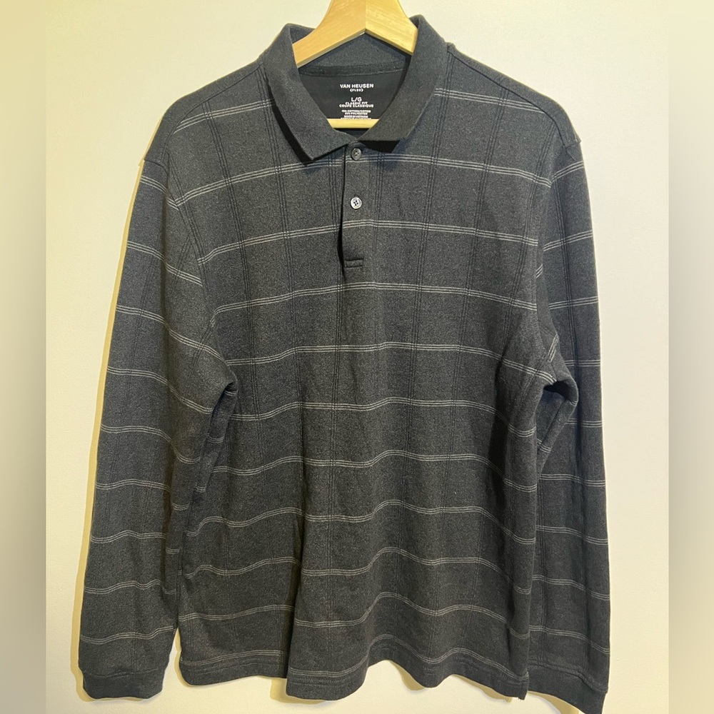 VAN HEUSEN MENS TRIPLE STITCHED GRAY PLAID POLO GOLF SHIRT IN SIZE LARGE